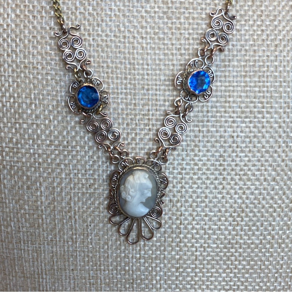 Vintage Cameo Necklace Italian Filigree Pendant Blue Glass Stone Victorian